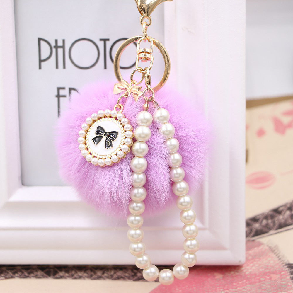 Wholesale Imitation Rex Rabbit Fur Ball Pearl Chain Bow Plush Ball Keychain